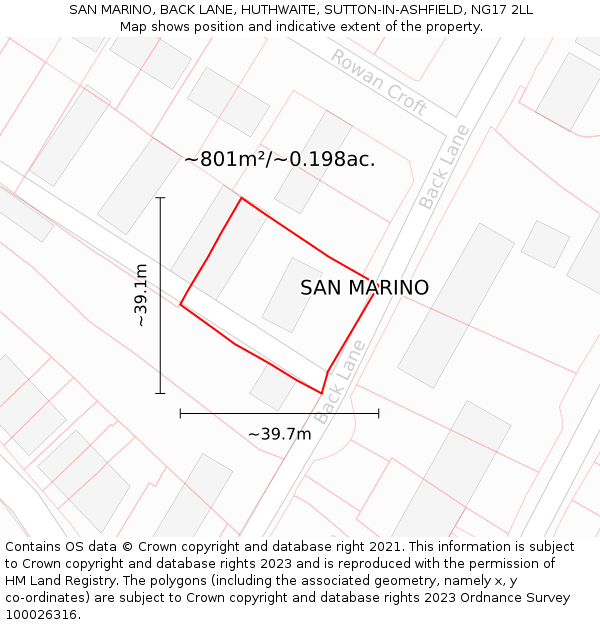 SAN MARINO, BACK LANE, HUTHWAITE, SUTTON-IN-ASHFIELD, NG17 2LL: Plot and title map