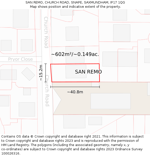 SAN REMO, CHURCH ROAD, SNAPE, SAXMUNDHAM, IP17 1QG: Plot and title map