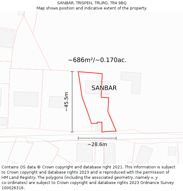 SANBAR, TRISPEN, TRURO, TR4 9BQ: Plot and title map
