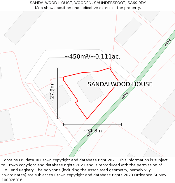 SANDALWOOD HOUSE, WOODEN, SAUNDERSFOOT, SA69 9DY: Plot and title map