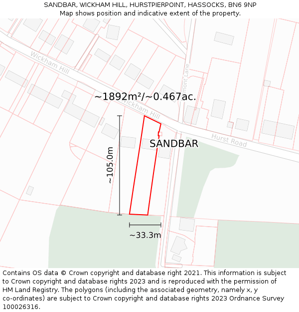 SANDBAR, WICKHAM HILL, HURSTPIERPOINT, HASSOCKS, BN6 9NP: Plot and title map