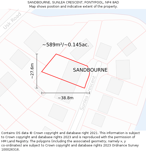 SANDBOURNE, SUNLEA CRESCENT, PONTYPOOL, NP4 8AD: Plot and title map