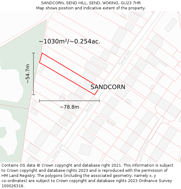 SANDCORN, SEND HILL, SEND, WOKING, GU23 7HR: Plot and title map