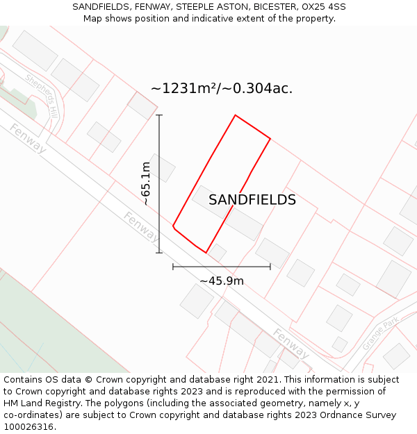 SANDFIELDS, FENWAY, STEEPLE ASTON, BICESTER, OX25 4SS: Plot and title map