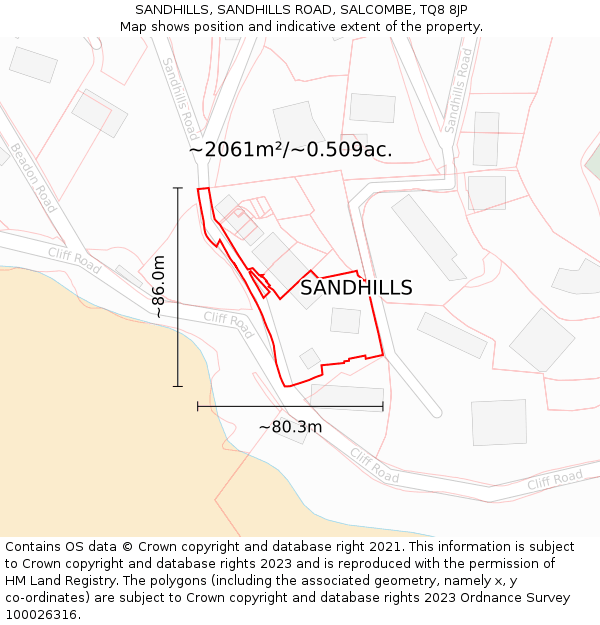 SANDHILLS, SANDHILLS ROAD, SALCOMBE, TQ8 8JP: Plot and title map