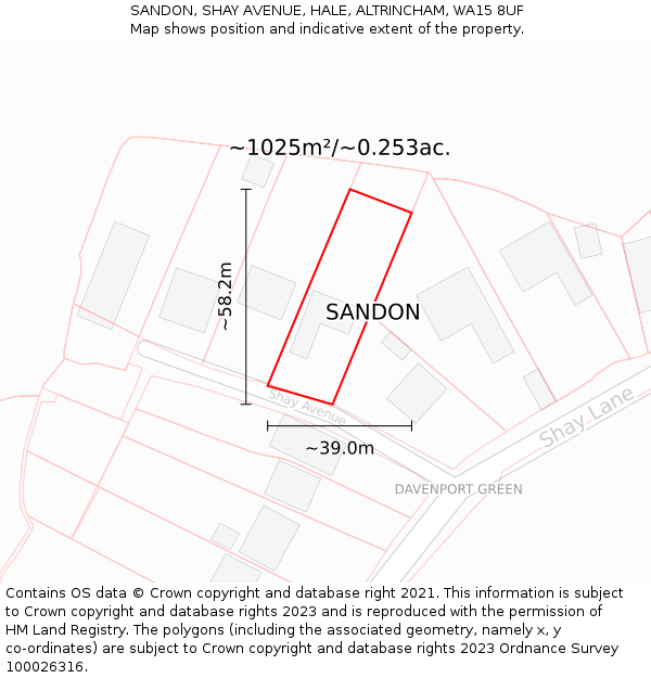 SANDON, SHAY AVENUE, HALE, ALTRINCHAM, WA15 8UF: Plot and title map