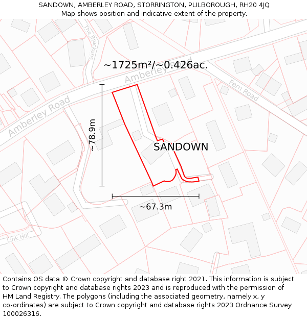 SANDOWN, AMBERLEY ROAD, STORRINGTON, PULBOROUGH, RH20 4JQ: Plot and title map