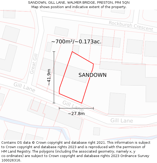SANDOWN, GILL LANE, WALMER BRIDGE, PRESTON, PR4 5QN: Plot and title map
