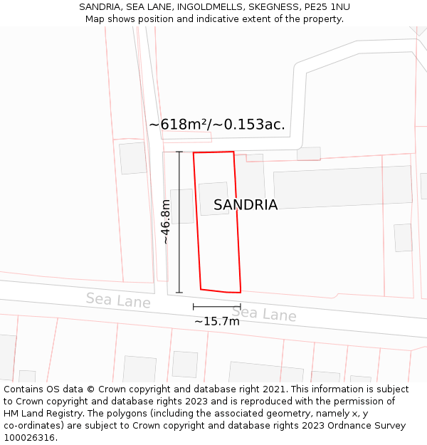 SANDRIA, SEA LANE, INGOLDMELLS, SKEGNESS, PE25 1NU: Plot and title map