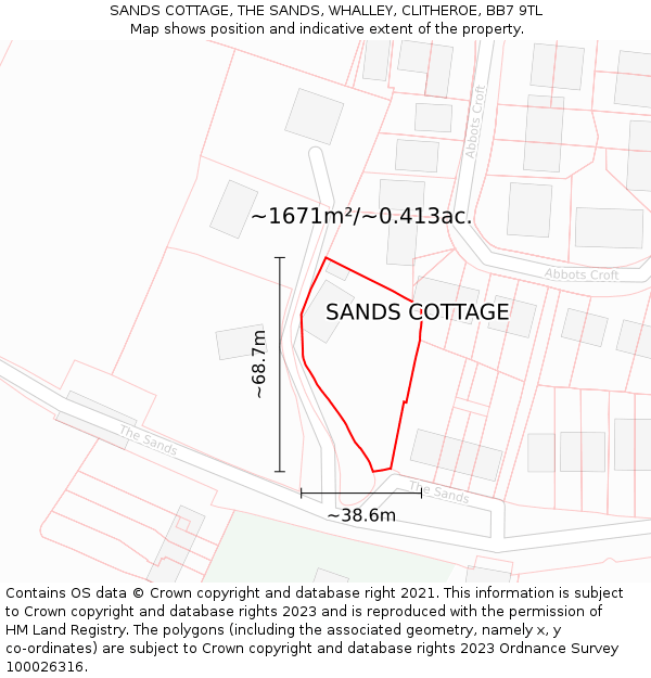 SANDS COTTAGE, THE SANDS, WHALLEY, CLITHEROE, BB7 9TL: Plot and title map