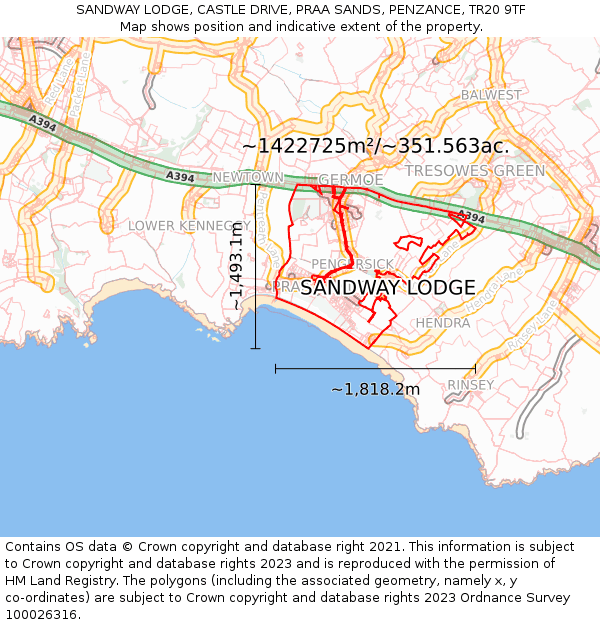 SANDWAY LODGE, CASTLE DRIVE, PRAA SANDS, PENZANCE, TR20 9TF: Plot and title map