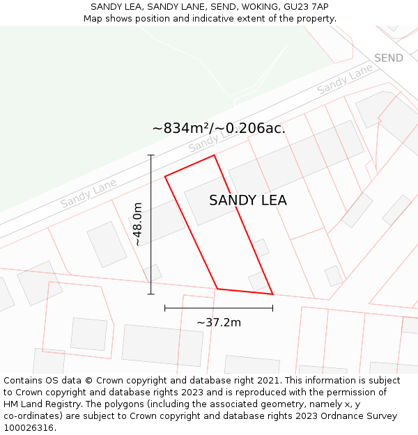 SANDY LEA, SANDY LANE, SEND, WOKING, GU23 7AP: Plot and title map
