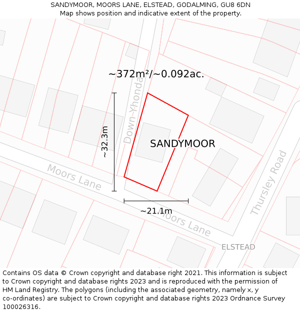 SANDYMOOR, MOORS LANE, ELSTEAD, GODALMING, GU8 6DN: Plot and title map