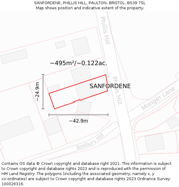 SANFORDENE, PHILLIS HILL, PAULTON, BRISTOL, BS39 7SL: Plot and title map