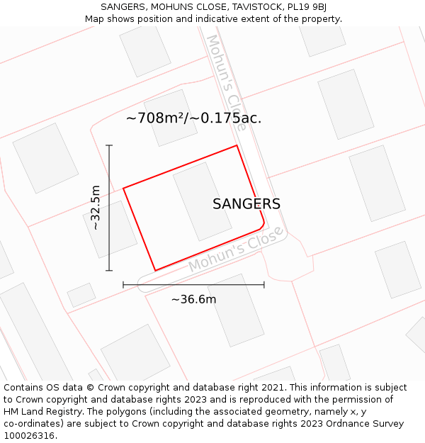 SANGERS, MOHUNS CLOSE, TAVISTOCK, PL19 9BJ: Plot and title map