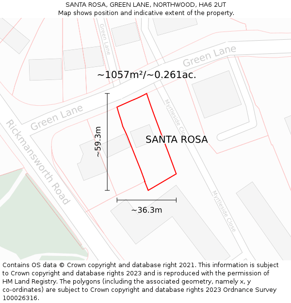 SANTA ROSA, GREEN LANE, NORTHWOOD, HA6 2UT: Plot and title map
