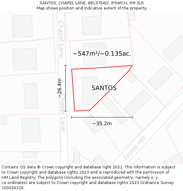 SANTOS, CHAPEL LANE, BELSTEAD, IPSWICH, IP8 3LR: Plot and title map