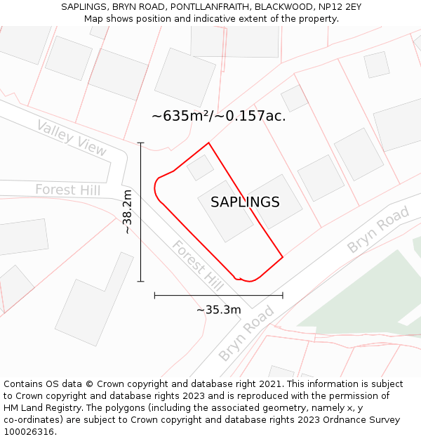 SAPLINGS, BRYN ROAD, PONTLLANFRAITH, BLACKWOOD, NP12 2EY: Plot and title map