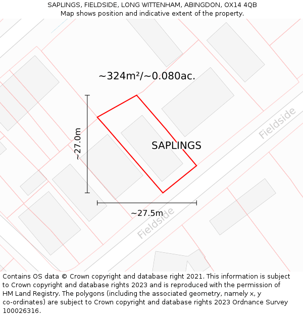 SAPLINGS, FIELDSIDE, LONG WITTENHAM, ABINGDON, OX14 4QB: Plot and title map