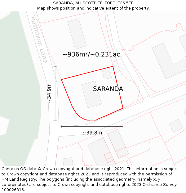 SARANDA, ALLSCOTT, TELFORD, TF6 5EE: Plot and title map