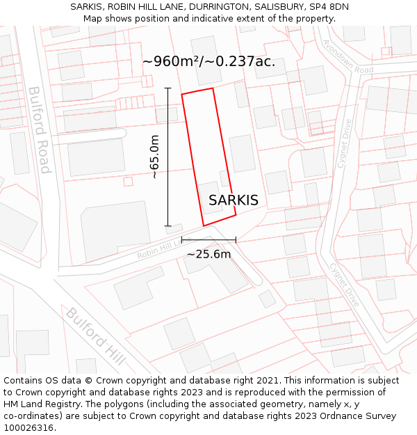 SARKIS, ROBIN HILL LANE, DURRINGTON, SALISBURY, SP4 8DN: Plot and title map