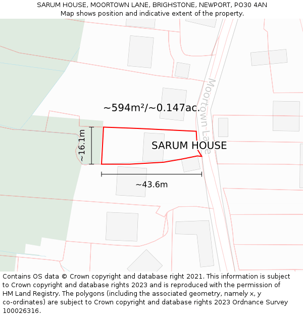 SARUM HOUSE, MOORTOWN LANE, BRIGHSTONE, NEWPORT, PO30 4AN: Plot and title map