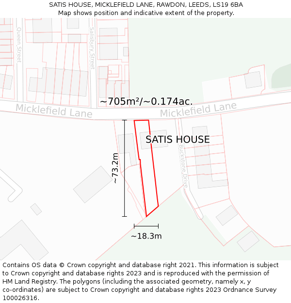 SATIS HOUSE, MICKLEFIELD LANE, RAWDON, LEEDS, LS19 6BA: Plot and title map