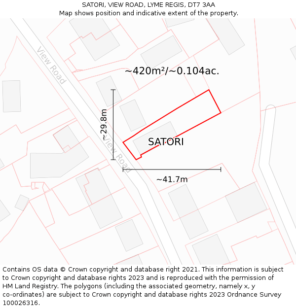 SATORI, VIEW ROAD, LYME REGIS, DT7 3AA: Plot and title map