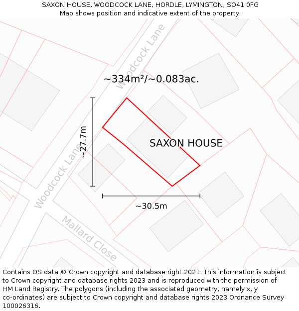 SAXON HOUSE, WOODCOCK LANE, HORDLE, LYMINGTON, SO41 0FG: Plot and title map