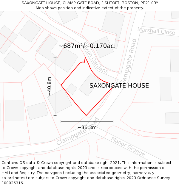 SAXONGATE HOUSE, CLAMP GATE ROAD, FISHTOFT, BOSTON, PE21 0RY: Plot and title map
