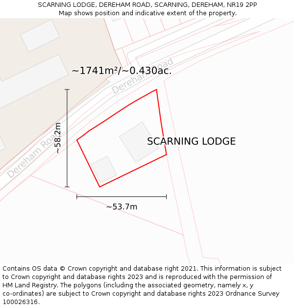 SCARNING LODGE, DEREHAM ROAD, SCARNING, DEREHAM, NR19 2PP: Plot and title map