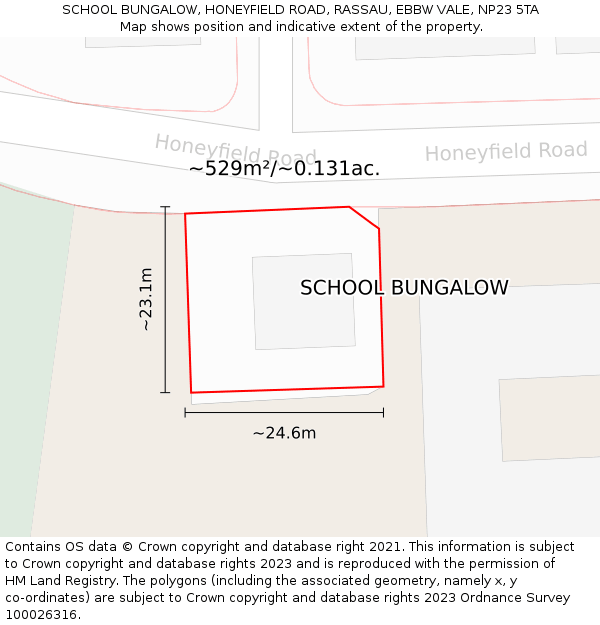 SCHOOL BUNGALOW, HONEYFIELD ROAD, RASSAU, EBBW VALE, NP23 5TA: Plot and title map