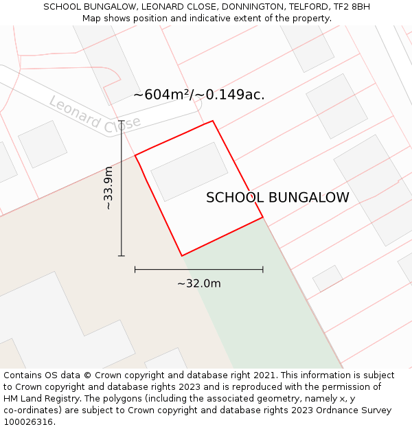 SCHOOL BUNGALOW, LEONARD CLOSE, DONNINGTON, TELFORD, TF2 8BH: Plot and title map