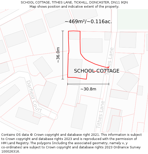SCHOOL COTTAGE, TITHES LANE, TICKHILL, DONCASTER, DN11 9QN: Plot and title map