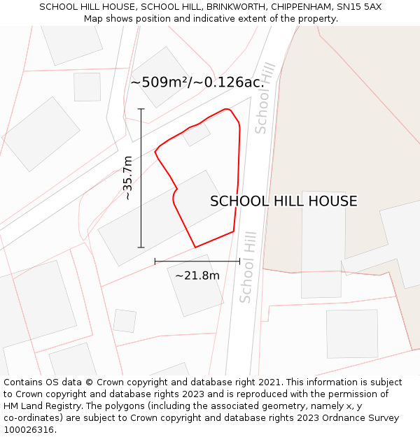 SCHOOL HILL HOUSE, SCHOOL HILL, BRINKWORTH, CHIPPENHAM, SN15 5AX: Plot and title map