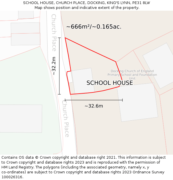 SCHOOL HOUSE, CHURCH PLACE, DOCKING, KING'S LYNN, PE31 8LW: Plot and title map