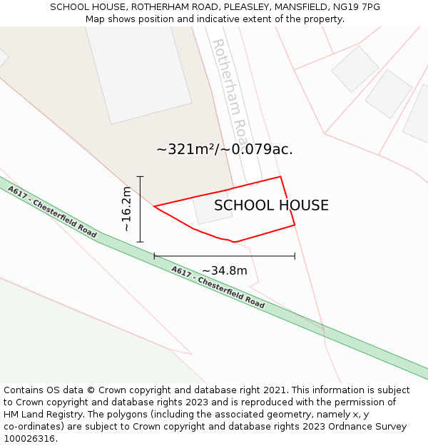 SCHOOL HOUSE, ROTHERHAM ROAD, PLEASLEY, MANSFIELD, NG19 7PG: Plot and title map