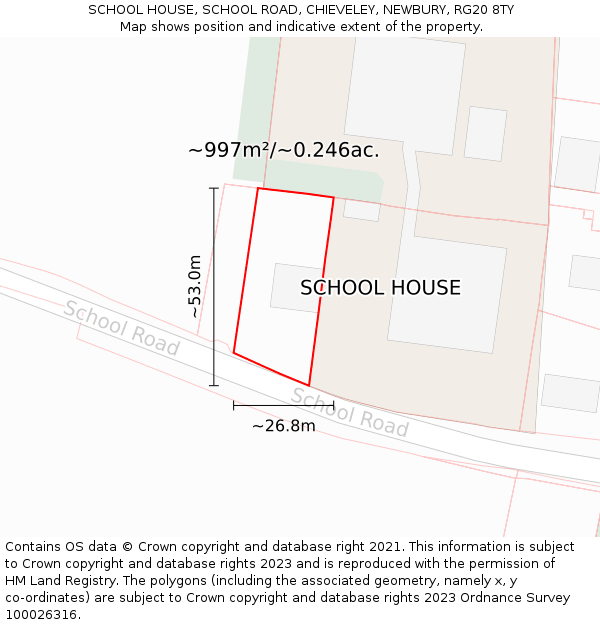 SCHOOL HOUSE, SCHOOL ROAD, CHIEVELEY, NEWBURY, RG20 8TY: Plot and title map
