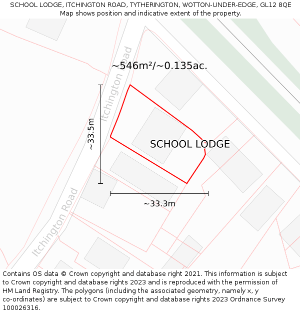 SCHOOL LODGE, ITCHINGTON ROAD, TYTHERINGTON, WOTTON-UNDER-EDGE, GL12 8QE: Plot and title map