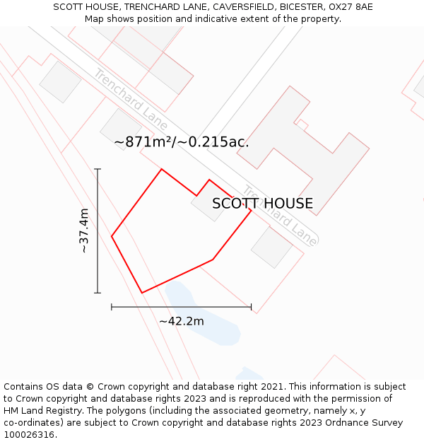 SCOTT HOUSE, TRENCHARD LANE, CAVERSFIELD, BICESTER, OX27 8AE: Plot and title map
