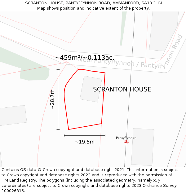 SCRANTON HOUSE, PANTYFFYNNON ROAD, AMMANFORD, SA18 3HN: Plot and title map