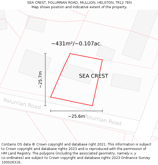 SEA CREST, POLURRIAN ROAD, MULLION, HELSTON, TR12 7EN: Plot and title map