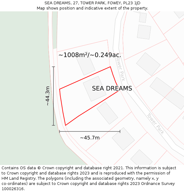 SEA DREAMS, 27, TOWER PARK, FOWEY, PL23 1JD: Plot and title map