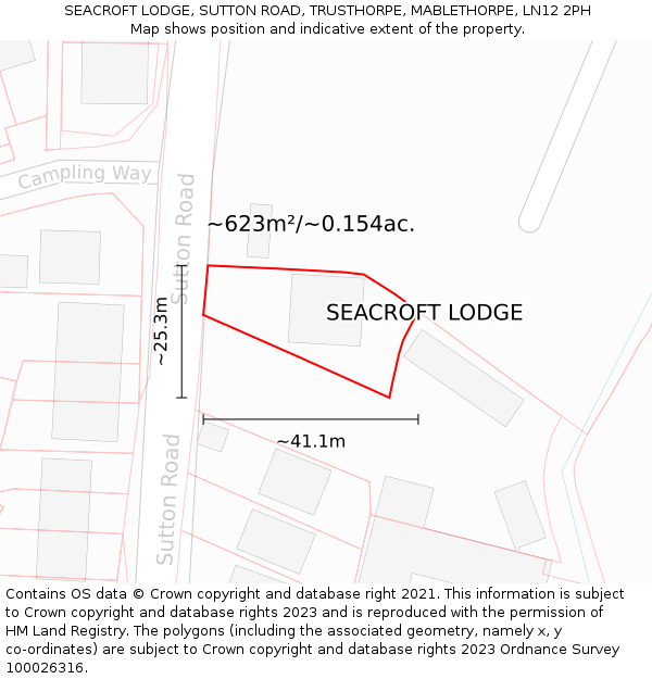 SEACROFT LODGE, SUTTON ROAD, TRUSTHORPE, MABLETHORPE, LN12 2PH: Plot and title map