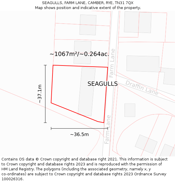 SEAGULLS, FARM LANE, CAMBER, RYE, TN31 7QX: Plot and title map