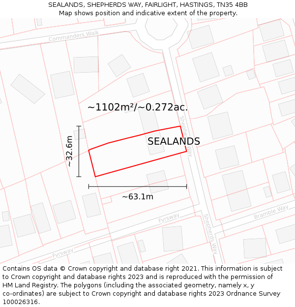 SEALANDS, SHEPHERDS WAY, FAIRLIGHT, HASTINGS, TN35 4BB: Plot and title map