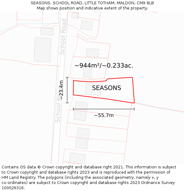 SEASONS, SCHOOL ROAD, LITTLE TOTHAM, MALDON, CM9 8LB: Plot and title map