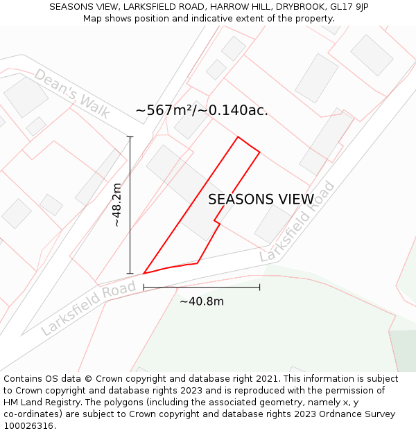 SEASONS VIEW, LARKSFIELD ROAD, HARROW HILL, DRYBROOK, GL17 9JP: Plot and title map