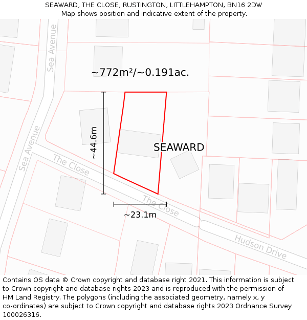 SEAWARD, THE CLOSE, RUSTINGTON, LITTLEHAMPTON, BN16 2DW: Plot and title map