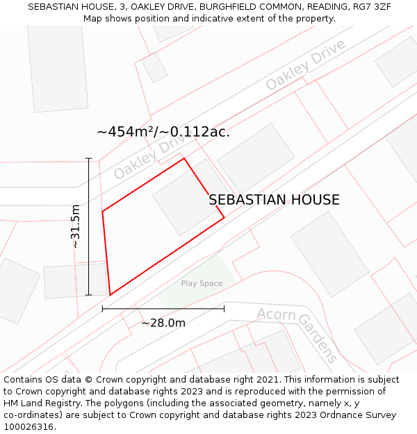 SEBASTIAN HOUSE, 3, OAKLEY DRIVE, BURGHFIELD COMMON, READING, RG7 3ZF: Plot and title map
